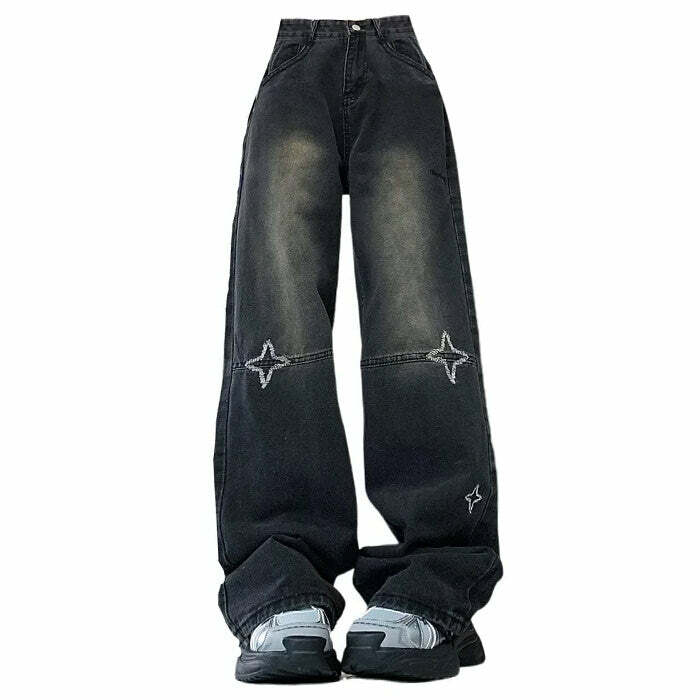 Knee Star Black Jeans - Y2K Grunge Style for Effortless Summer Vibes