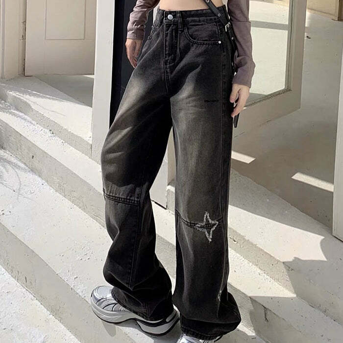 Knee Star Black Jeans - Y2K Grunge Style for Effortless Summer Vibes