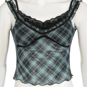 Lace-Trim Plaid Mesh Top - Y2K Grunge Style for Summer Outfits