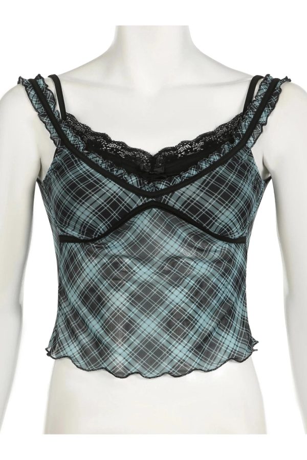 Lace-Trim Plaid Mesh Top - Y2K Grunge Style for Summer Outfits