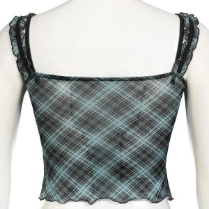 Lace-Trim Plaid Mesh Top - Y2K Grunge Style for Summer Outfits