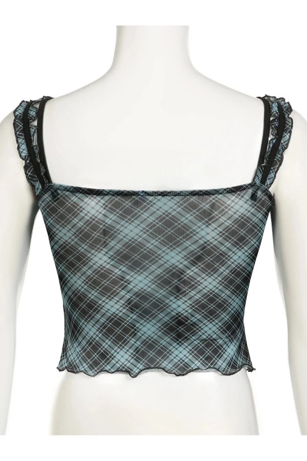 Lace-Trim Plaid Mesh Top - Y2K Grunge Style for Summer Outfits