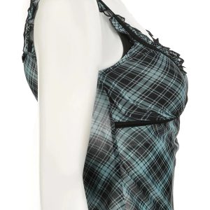 Lace-Trim Plaid Mesh Top - Y2K Grunge Style for Summer Outfits