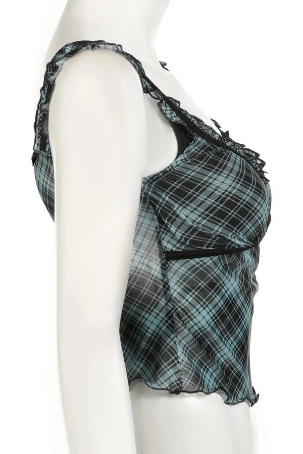 Lace-Trim Plaid Mesh Top - Y2K Grunge Style for Summer Outfits