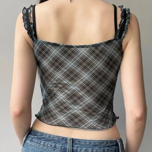 Lace-Trim Plaid Mesh Top - Y2K Grunge Style for Summer Outfits