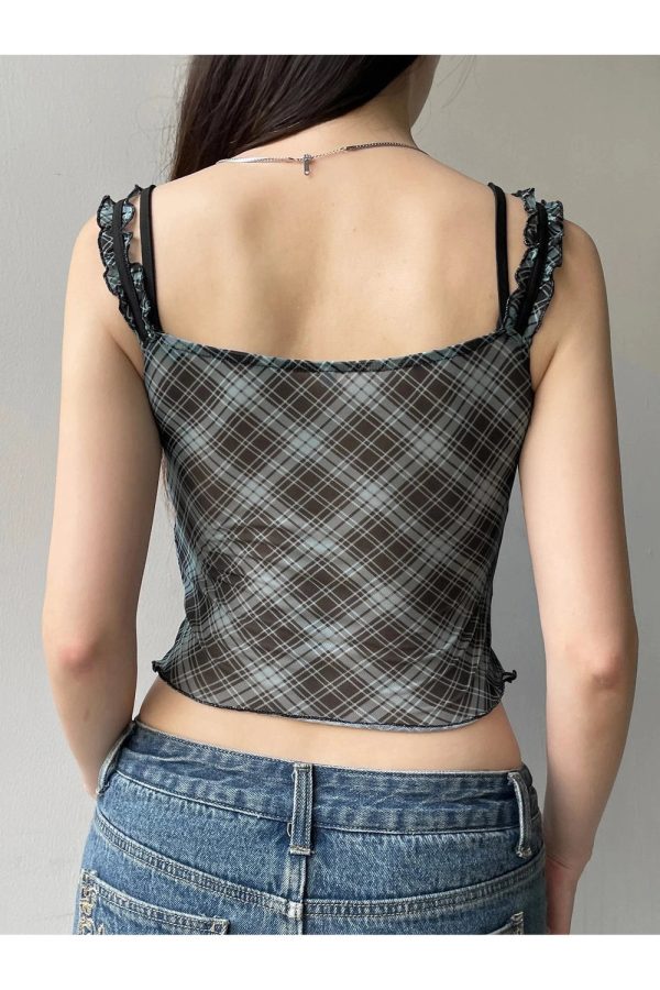 Lace-Trim Plaid Mesh Top - Y2K Grunge Style for Summer Outfits