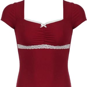 Lace-Trim Sweetheart Ruched Top - Y2K Summer Fashion Essential