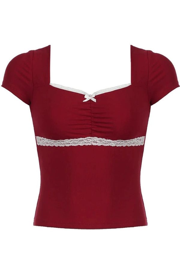 Lace-Trim Sweetheart Ruched Top - Y2K Summer Fashion Essential