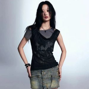 Layered Grunge Mesh Top - Y2K Fashion Essential for Retro Summer Outfits