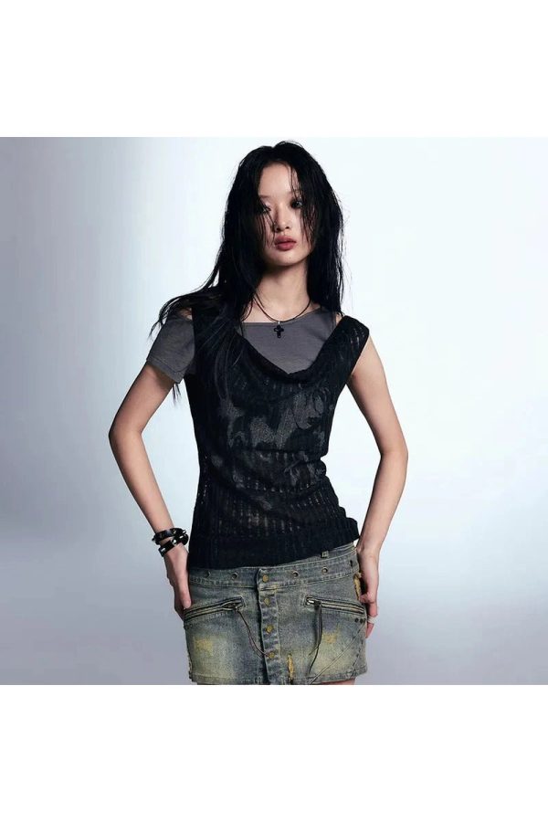 Layered Grunge Mesh Top - Y2K Fashion Essential for Retro Summer Outfits