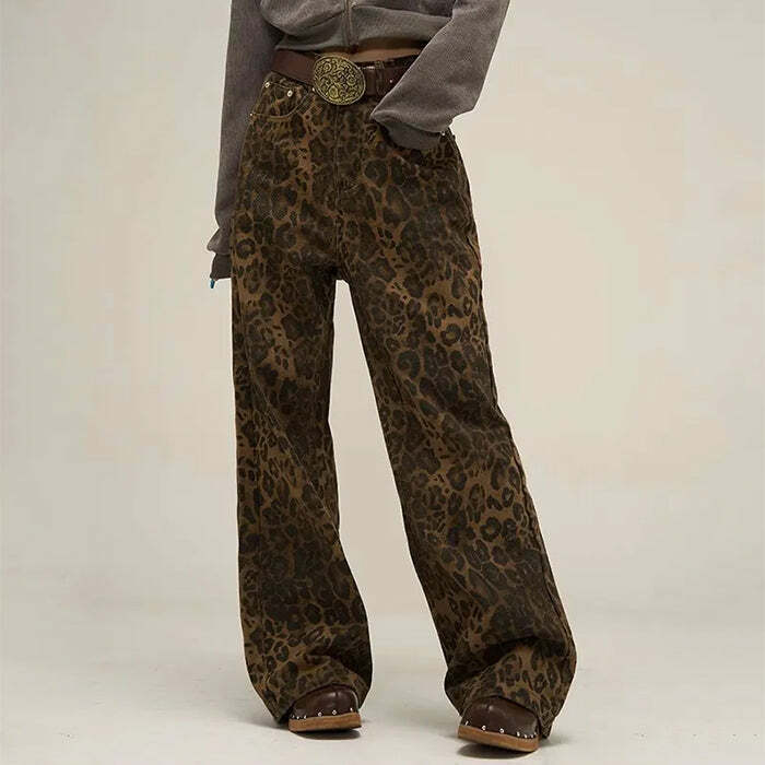 Leopard Print Wide Leg Jeans - Y2K Grunge Outfit Essential