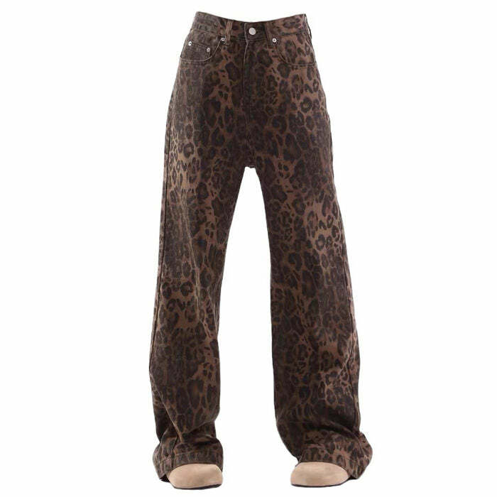 Leopard Print Wide Leg Jeans - Y2K Grunge Outfit Essential