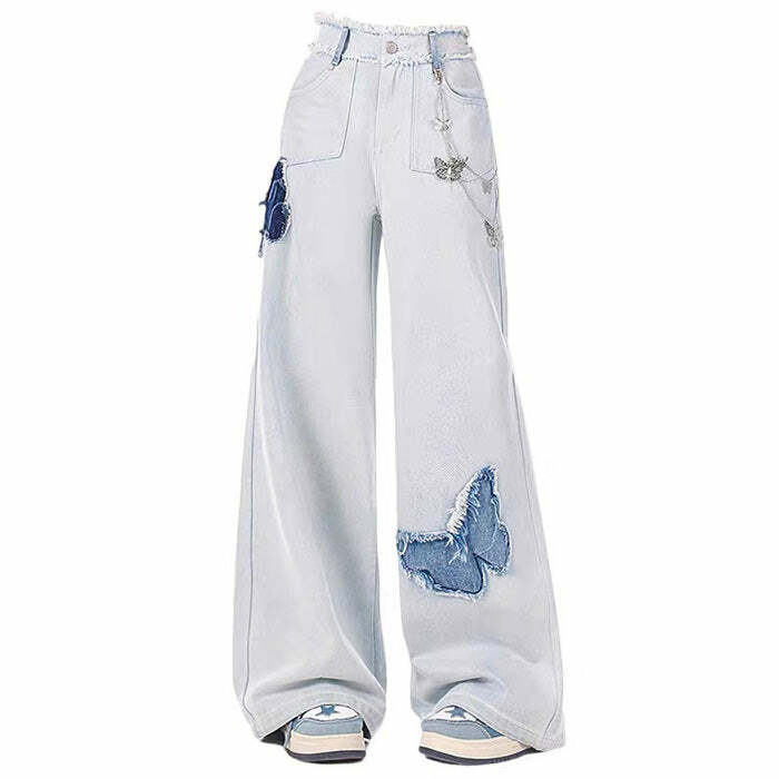 Light Blue Y2K Butterfly Aesthetic Jeans for Retro Summer Vibes