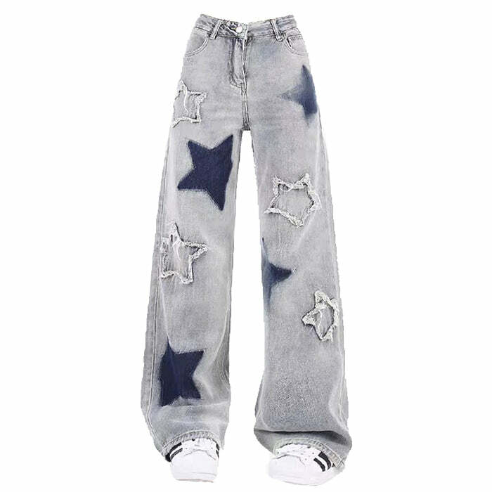 Light Blue Y2K Star Jeans - Retro 90s Grunge Outfit Essential