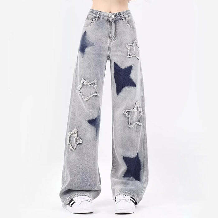 Light Blue Y2K Star Jeans - Retro 90s Grunge Outfit Essential