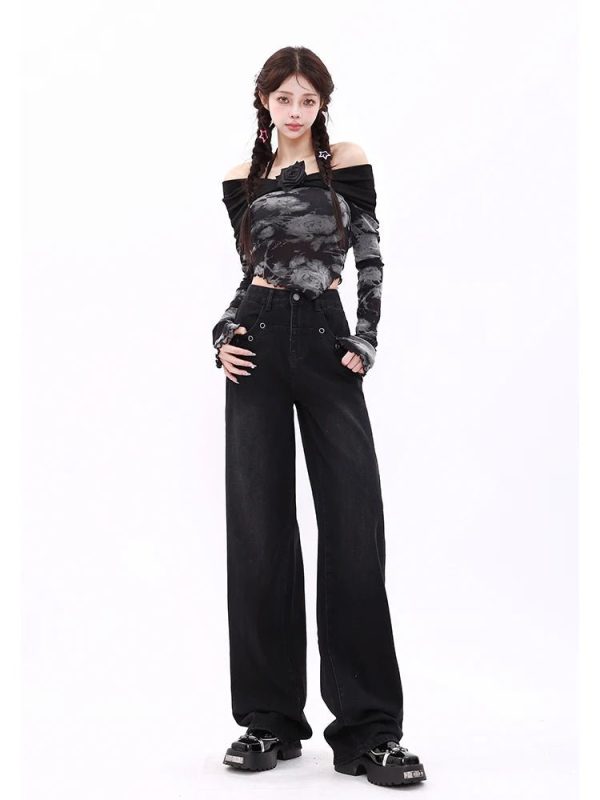 Midnight Y2K Wide-Leg Jeans for Retro 90s Grunge Summer Outfits