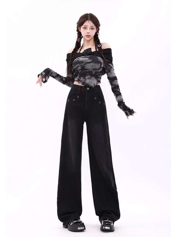 Midnight Y2K Wide-Leg Jeans for Retro 90s Grunge Summer Outfits