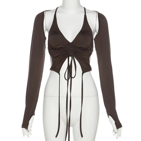 Mocha Ruched Tie-Up Top - Y2K Summer Outfit for Trendy Women