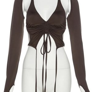 Mocha Ruched Tie-Up Top - Y2K Summer Outfit for Trendy Women