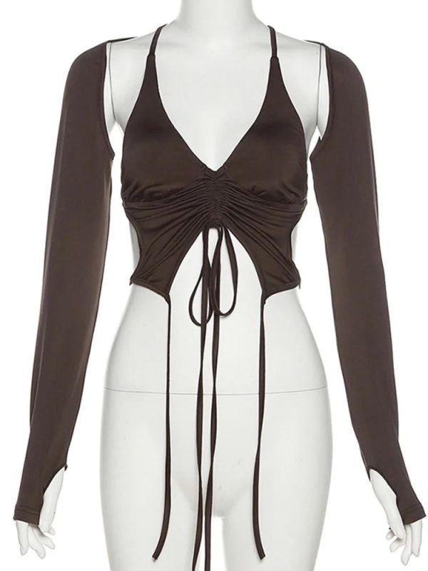 Mocha Ruched Tie-Up Top - Y2K Summer Outfit for Trendy Women