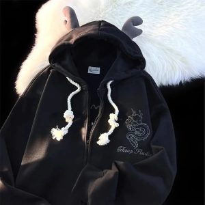 Mystic Dragon Horned Hoodie - Y2K Grunge Style for Unique Summer Vibes