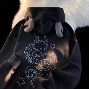 Mystic Dragon Horned Hoodie - Y2K Grunge Style for Unique Summer Vibes