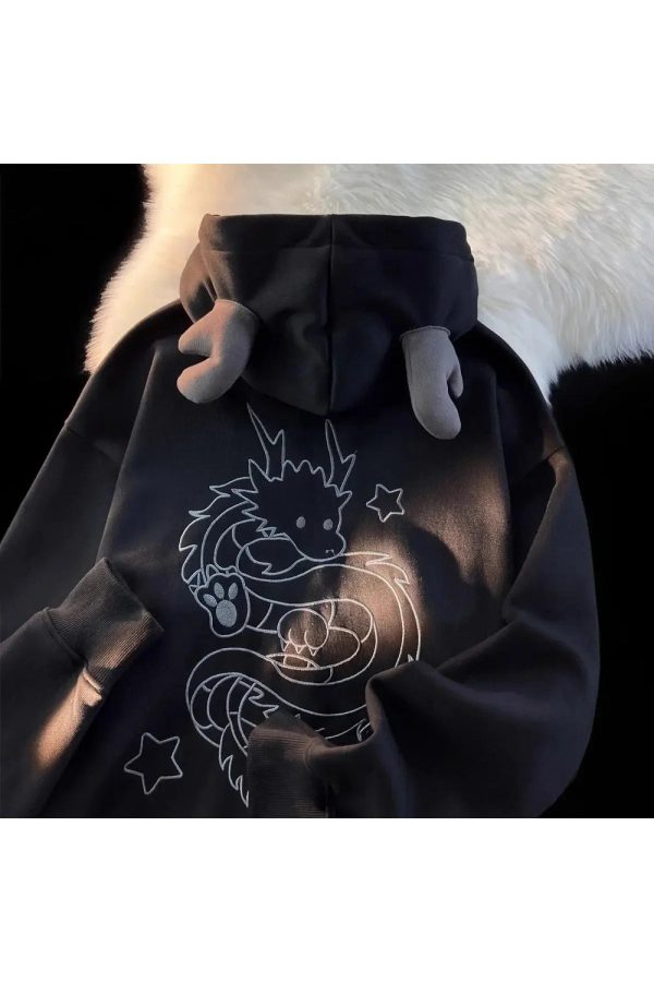 Mystic Dragon Horned Hoodie - Y2K Grunge Style for Unique Summer Vibes