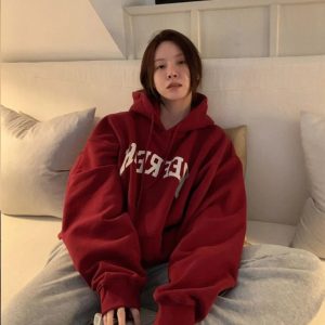 Oversized Maroon Graphic Hoodie - Y2K Grunge Style for Effortless Cool