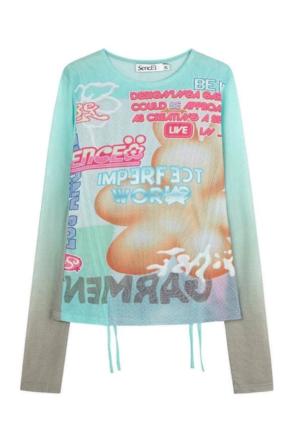 Pastel Y2K Graphic Mesh Top for Trendy Summer Outfits and Parties