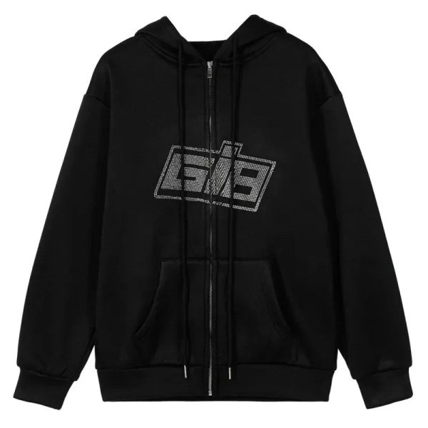 Rhinestone Logo Zip-Up Hoodie: Y2K Grunge Style for Summer Outfits