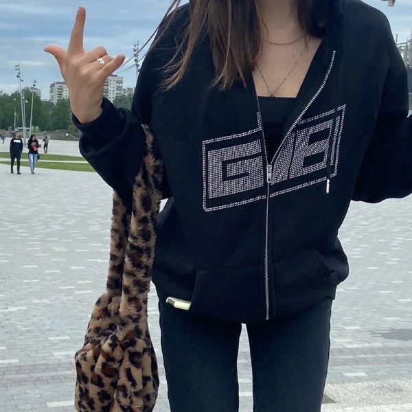 Rhinestone Logo Zip-Up Hoodie: Y2K Grunge Style for Summer Outfits