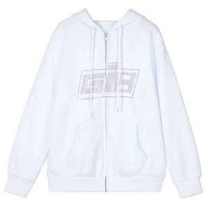 Rhinestone Logo Zip-Up Hoodie: Y2K Grunge Style for Summer Outfits