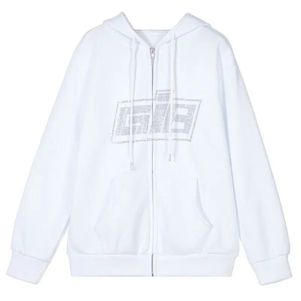 Rhinestone Logo Zip-Up Hoodie: Y2K Grunge Style for Summer Outfits