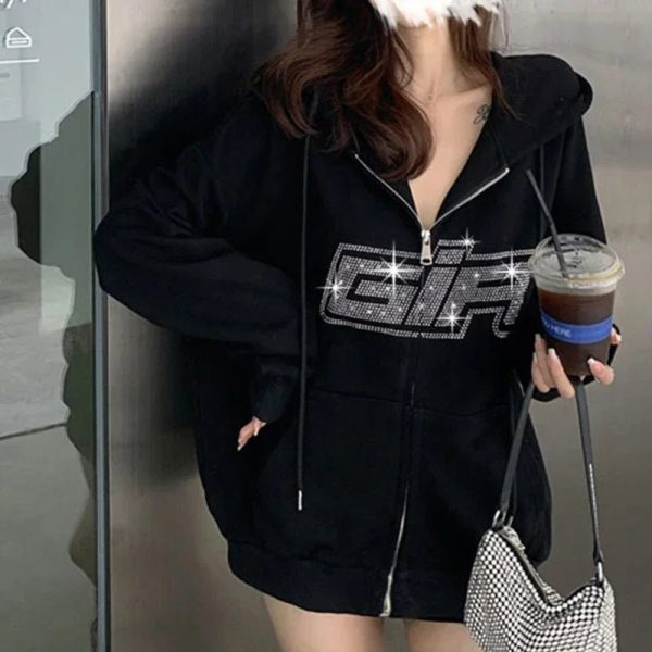 Rhinestone Logo Zip-Up Hoodie: Y2K Grunge Style for Summer Outfits