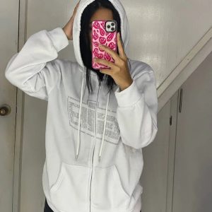 Rhinestone Logo Zip-Up Hoodie: Y2K Grunge Style for Summer Outfits