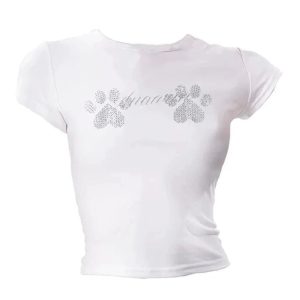 Rhinestone Paw Print Y2K Baby Tee - Trendy Grunge Summer Outfit