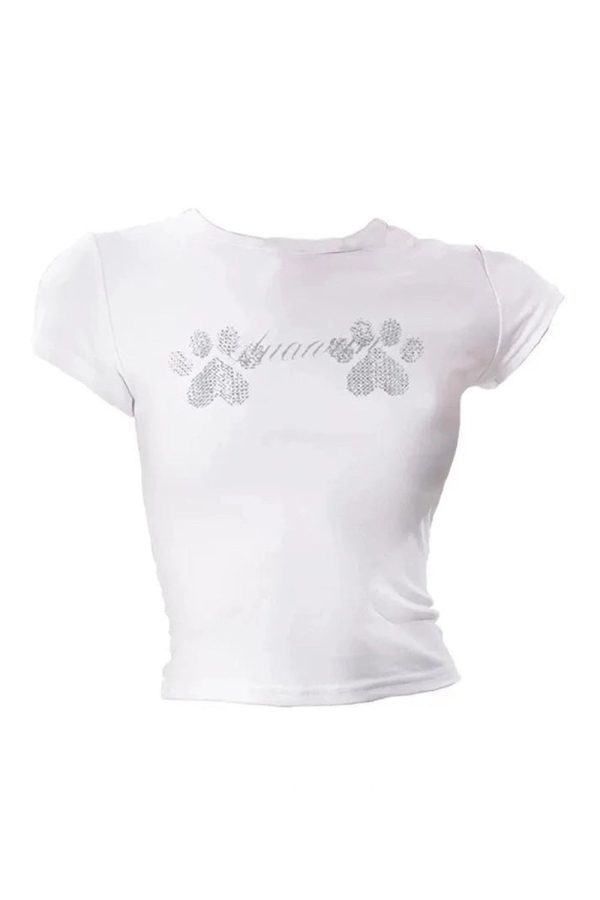 Rhinestone Paw Print Y2K Baby Tee - Trendy Grunge Summer Outfit