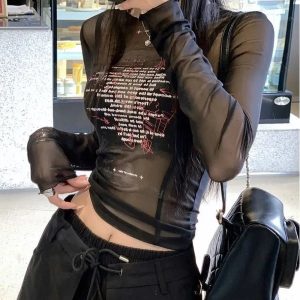 Sheer Black Graphic Mesh Top - Y2K Grunge Style for Summer Outfits