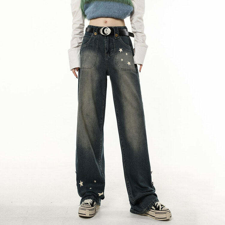 Star Child Y2K Wide Leg Jeans - Retro 90s Grunge Summer Outfit