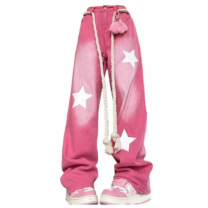 Star Print Y2K Pink Jeans - Trendy Retro Style for Summer Outfits