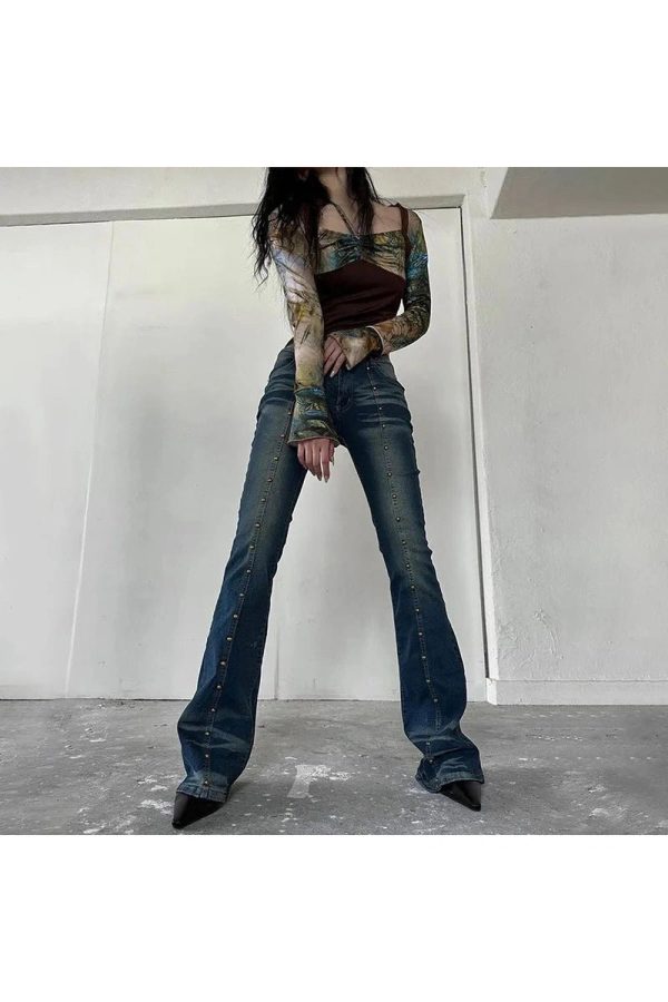 Stellar Studded Y2K Flare Jeans for Retro 90s Grunge Outfits