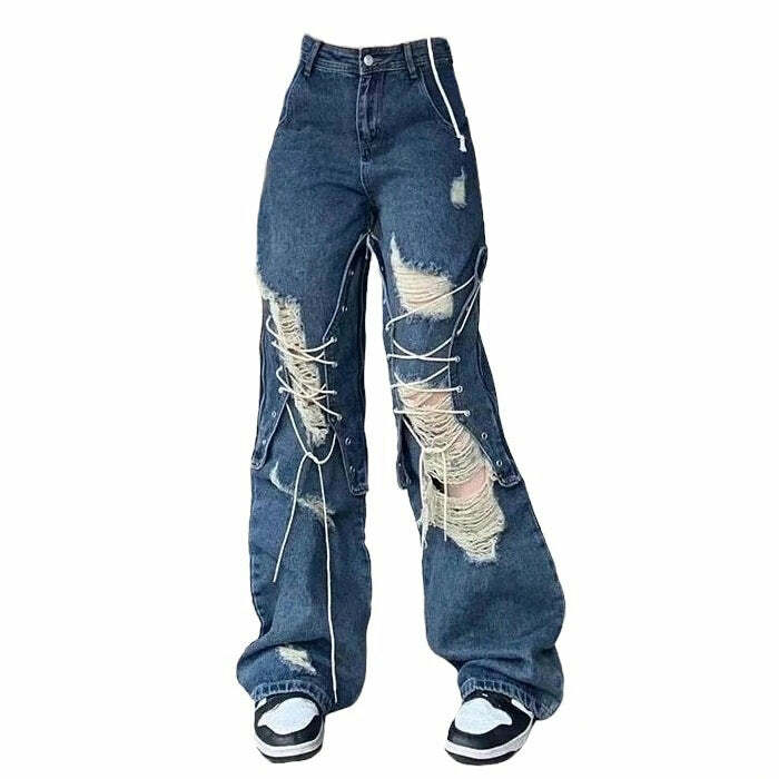 Trendy Ripped Lace Up Baggy Jeans for Y2K Grunge Summer Outfits