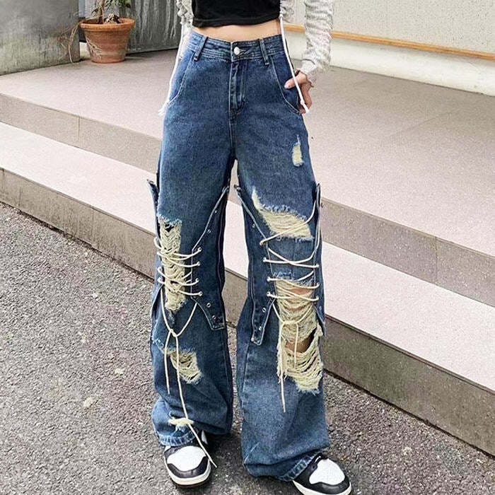 Trendy Ripped Lace Up Baggy Jeans for Y2K Grunge Summer Outfits