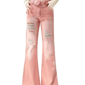 Trendy Starry Pink Distressed Y2K Jeans for Summer Outfits