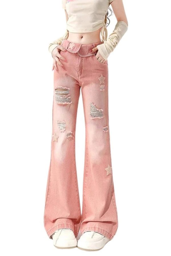 Trendy Starry Pink Distressed Y2K Jeans for Summer Outfits