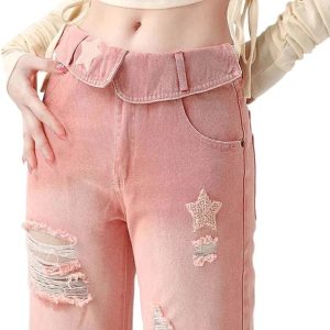 Trendy Starry Pink Distressed Y2K Jeans for Summer Outfits