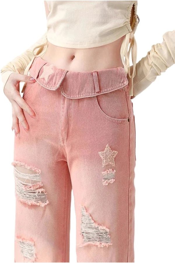 Trendy Starry Pink Distressed Y2K Jeans for Summer Outfits