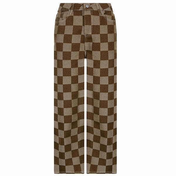 Trendy Y2K Brown Checkered Jeans for Retro Summer Outfits