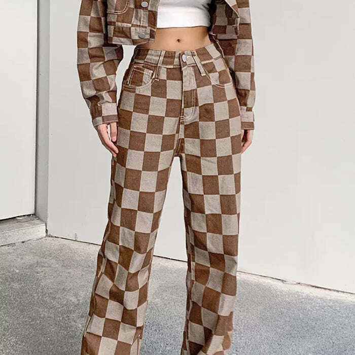 Trendy Y2K Brown Checkered Jeans for Retro Summer Outfits