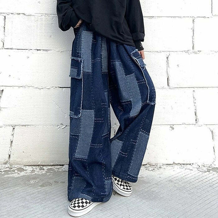 Trendy Y2K Patchwork Baggy Jeans for Retro Summer Outfits